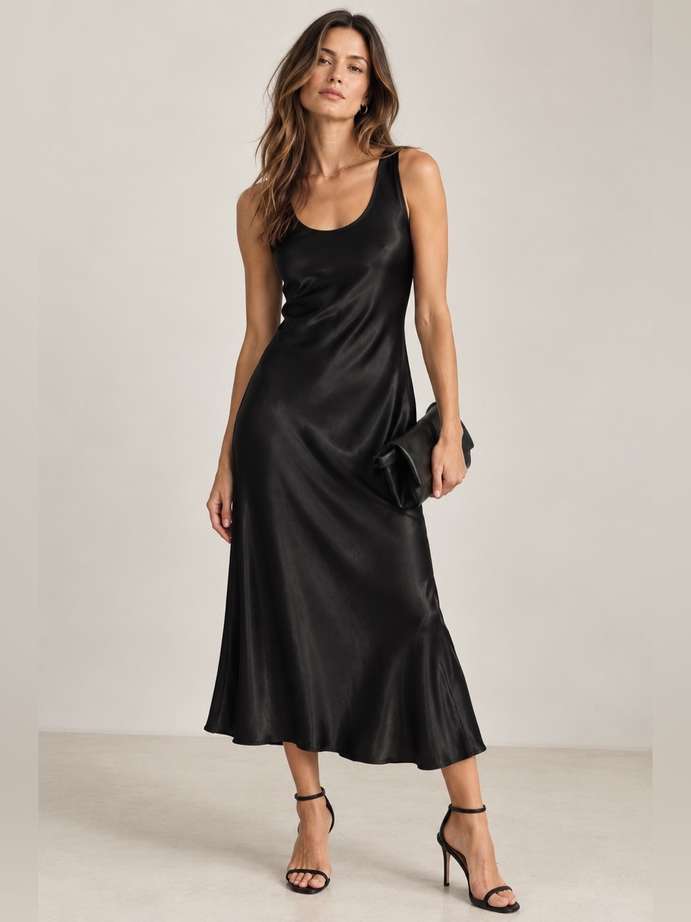 Nation LTD Black Hammered Satin Scoop Neck Bias Cut Midi Dress Size XS